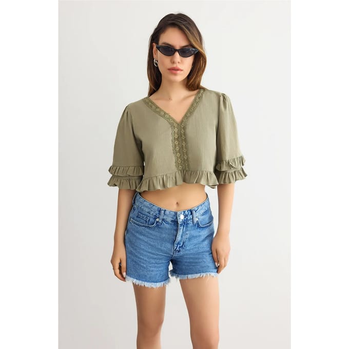 Gekruiste V-hals Rimpel Blouse