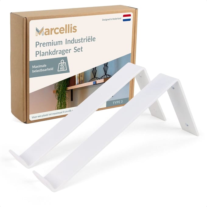 Marcellis - 2x Industriële plankdrager - Voor plank 25cm + schroefset - mat wit - staal - T3
