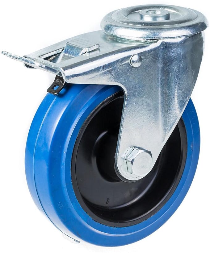 Draaibare remwiel van 125 mm met blauw elastisch rubber op een nylon middenwiel
