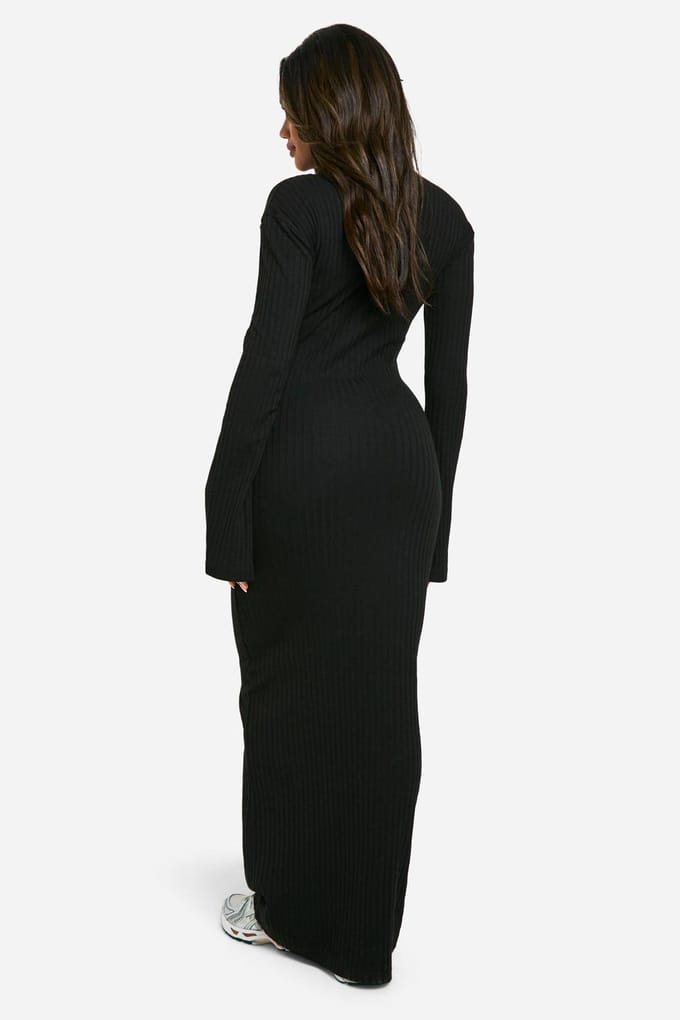 boohoo Dames Wide Rib Flare Sleeve Maxi Jurk | Black | Maat: 6