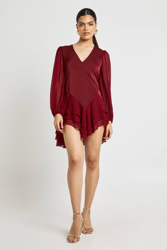 boohoo Dames Chiffon Mix Paneel Smock Jurk | Merlot | Maat: 34