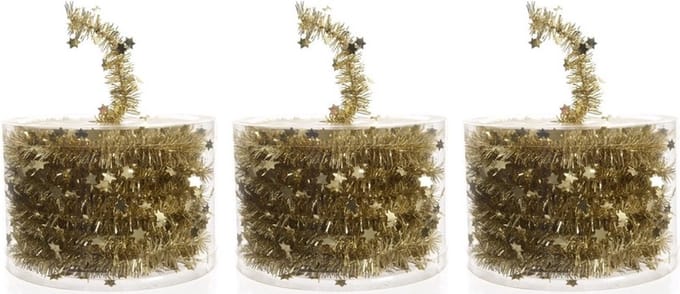 Decoris Kerstslinger- 3x -guirlande - met sterren - goud - glanzende lametta - 700 cm
