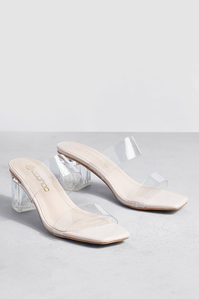 boohoo Dames Clear Double Strap Low Block Mule | Nude | Maat: 41