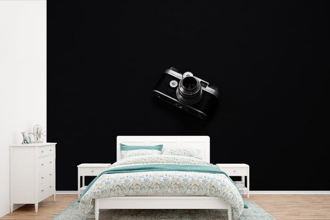 Behang - Fotobehang Zwart - Camera - Design - Wit - Breedte 390 cm x hoogte 260 cm