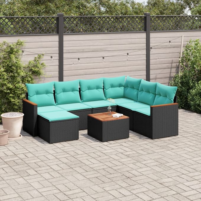 vidaXL - 8-delige - tuinbankset - met - kussens, - zwart - polyrotan