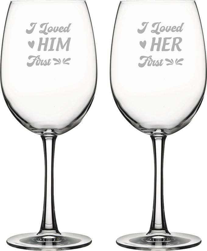 Gegraveerde set rode wijnglazen 46cl I loved him first - I loved her first