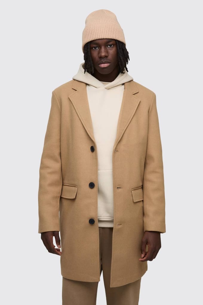 Single Breasted Wool Look Overcoat in Camel | Size Medium