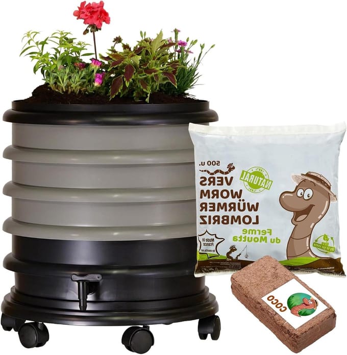 Wormenbak - Compostbak - Organisch afval verwerken - Uitbreidbaar met bloembak - 48 liter - Grijs