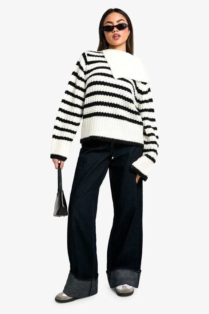 boohoo Dames Gebreide Trui met Gestreepte Kraagdetail | Maat: Medium