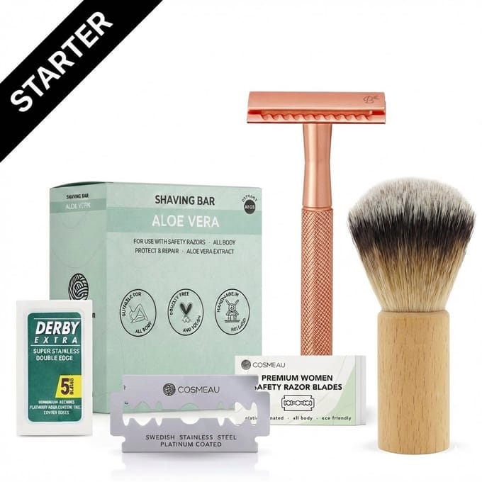 Safety Razor Starterkit voor Vrouw Rose Gold Goud - 25 Mesjes - Scheerkwast - Scheerzeep