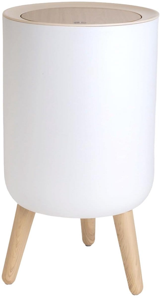 Witte afvalbak met bamboe-look deksel en drukknop - Compacte afvalemmer voor badkamer, kantoor en keuken