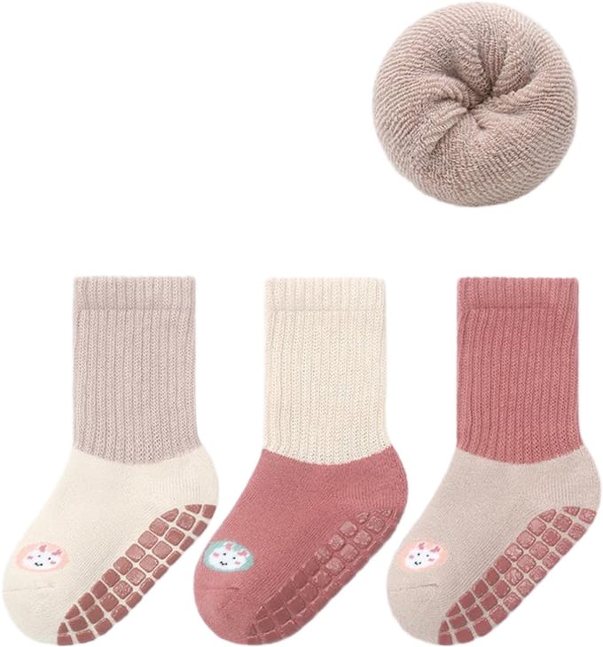 3 paar - Baby- en kinderwintersokken - dikke, warme antislipsokken -S-Roze