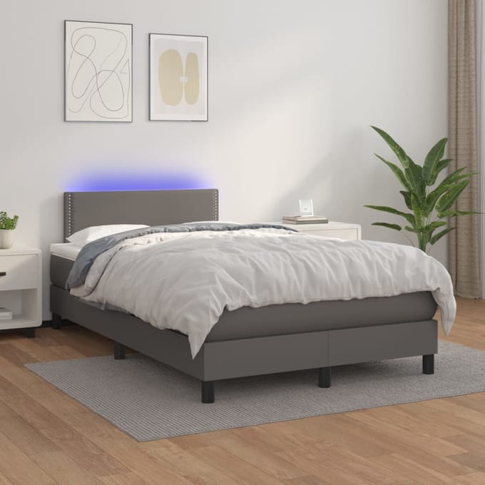vidaXL - Boxspring - met - matras - en - LED - kunstleer - grijs - 120x200 - cm
