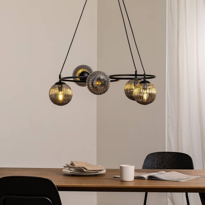 EMIBIG LIGHTING Libra woonkamerlamp, rookgrijs/zwart, Ø 70 cm, 5-lamps.