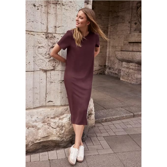 Jersey midi-jurk met pofmouwen