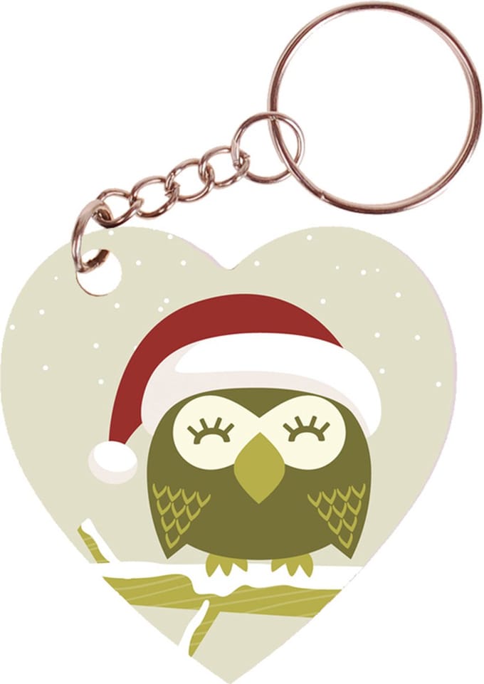Sleutelhanger hartje 5x5cm - Illustratie Uil Kerst met Sneeuw