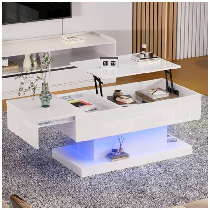 Table basse LED - MUVOE - 100x50x45 cm - Levage hydraulique - Rangement intégré - Finition brillante