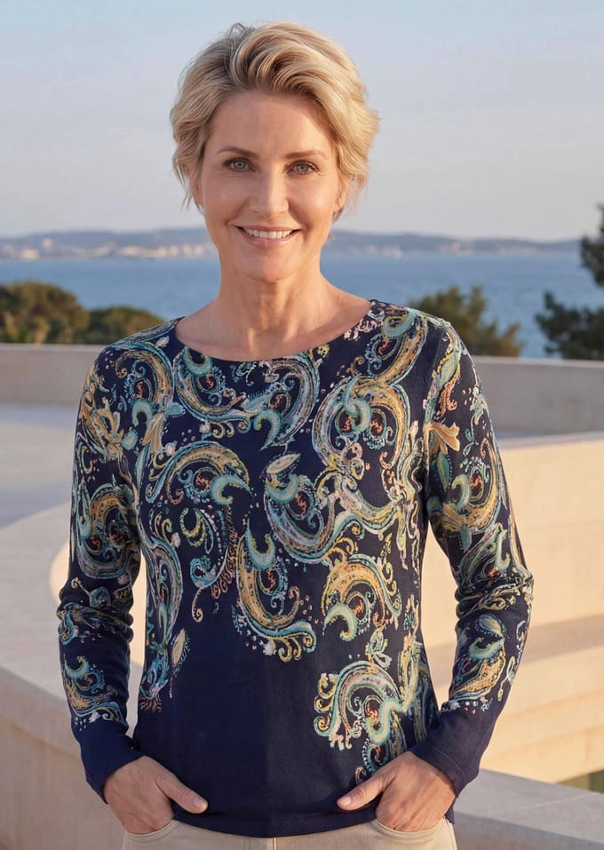 Fijn gebreide pullover met paisleypatroon - marine / gedess. - Gr. 23 van Goldner Fashion