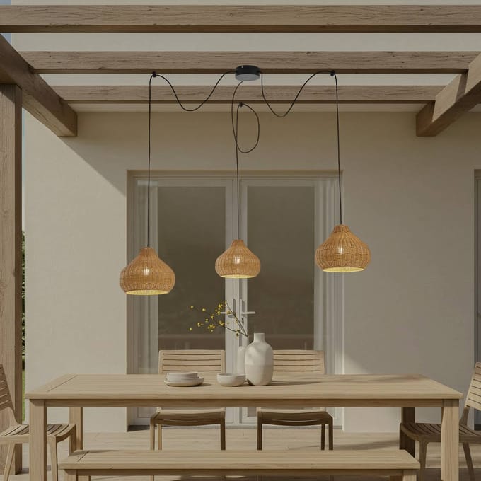 Lucande buiten hanglamp Taniola, 3-lamps, beige, rotan, IP44