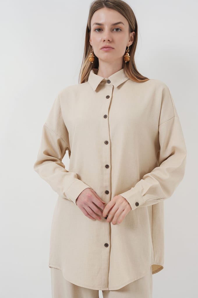 Linnenmix Lange Mouwen Shirt en Broek Co-ord Set