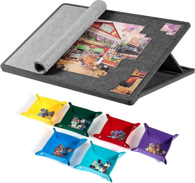 Puzzelplank - Puzzeltafel Bord - Legpuzzels Maken - Met Sorteerschalen - 78x55cm - Grijs