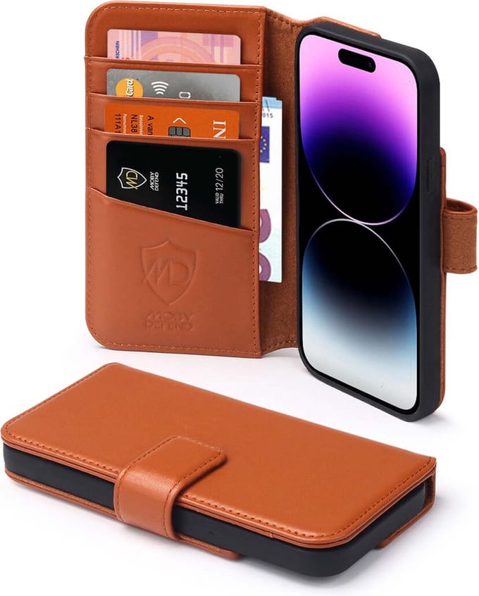 MobyDefend Hoesje - Geschikt voor iPhone 14 Pro Max - Luxe Leren Wallet Bookcase - Lichtbruin