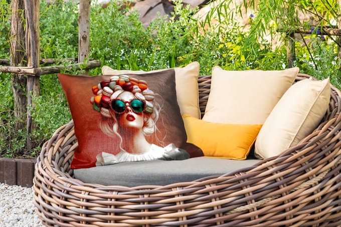 Buitenkussens - Tuin - Vrouw - Macarons - Bril - 50x30 cm