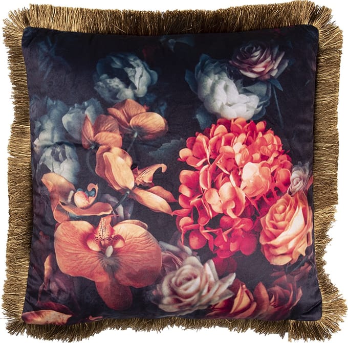 Clayre & Eef Sierkussen 45x45 cm Zwart Rood Synthetisch Bloemen