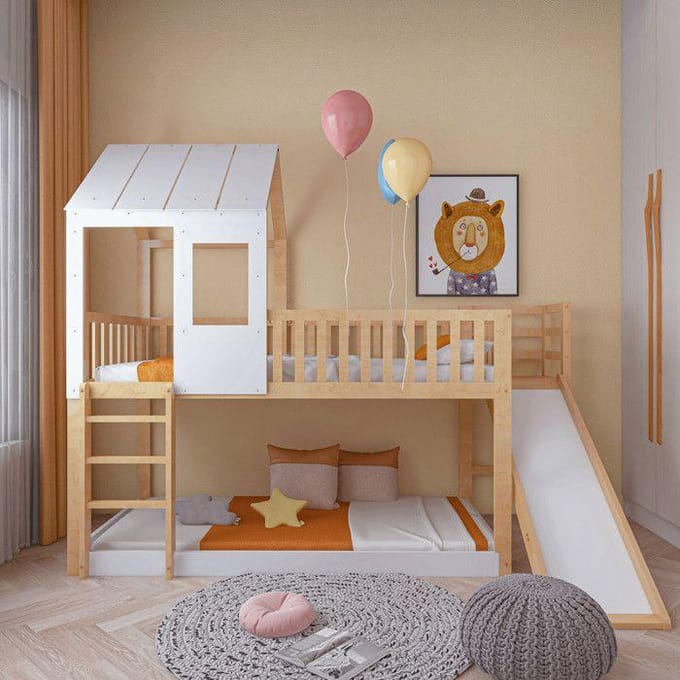 Lit superposé - MUVOE - 90x200 cm - Blanc et naturel - Toboggan - Échelle à angle droit blanc