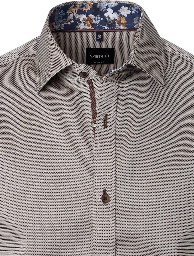Venti Heren Overhemd Met Bloemenkraag Bruin Body Fit - L