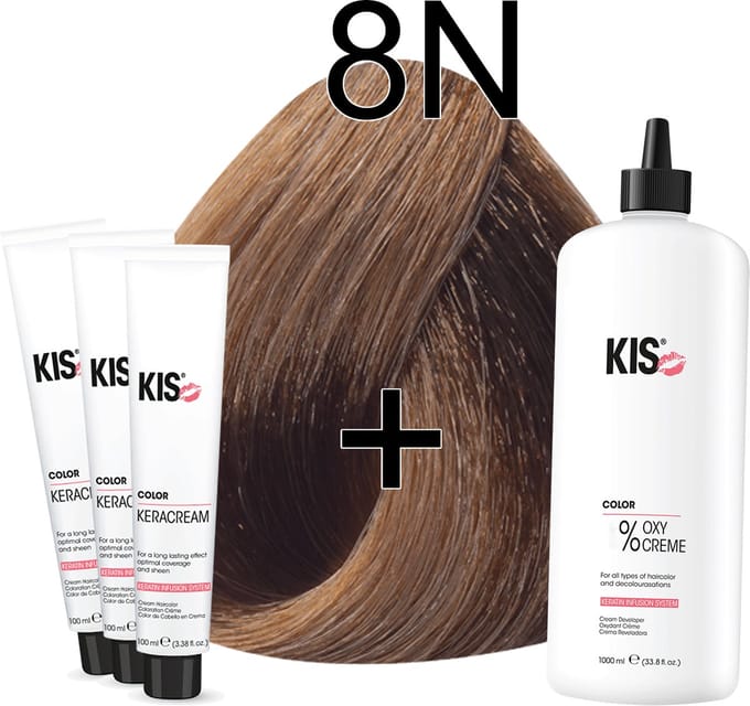 Kis KeraCream Color - 100ml - Haarverf Set - 8N Lichtblond | KIS - (3 x haarverf & 1L waterstofperoxide)