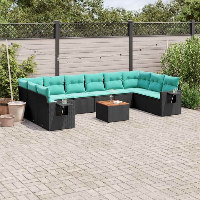 vidaXL - 11-delige - tuinbankset - met - kussens, - zwart - polyrotan