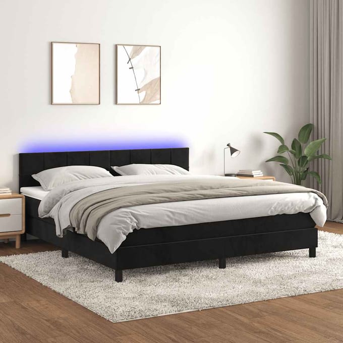 vidaXL - Boxspring - met - matras - en - LED - fluweel - zwart - 180x200 - cm