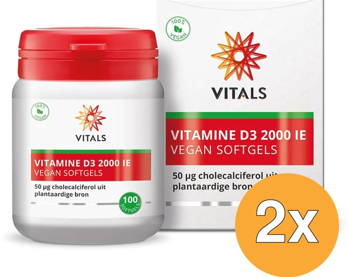 2x Vitals Vitamine D3 2000 ie Vegan (100 softgels