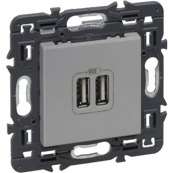 Legrand Afsluiter met 2 USB Type A Volledig gemonteerd aluminium apparaat - 741331