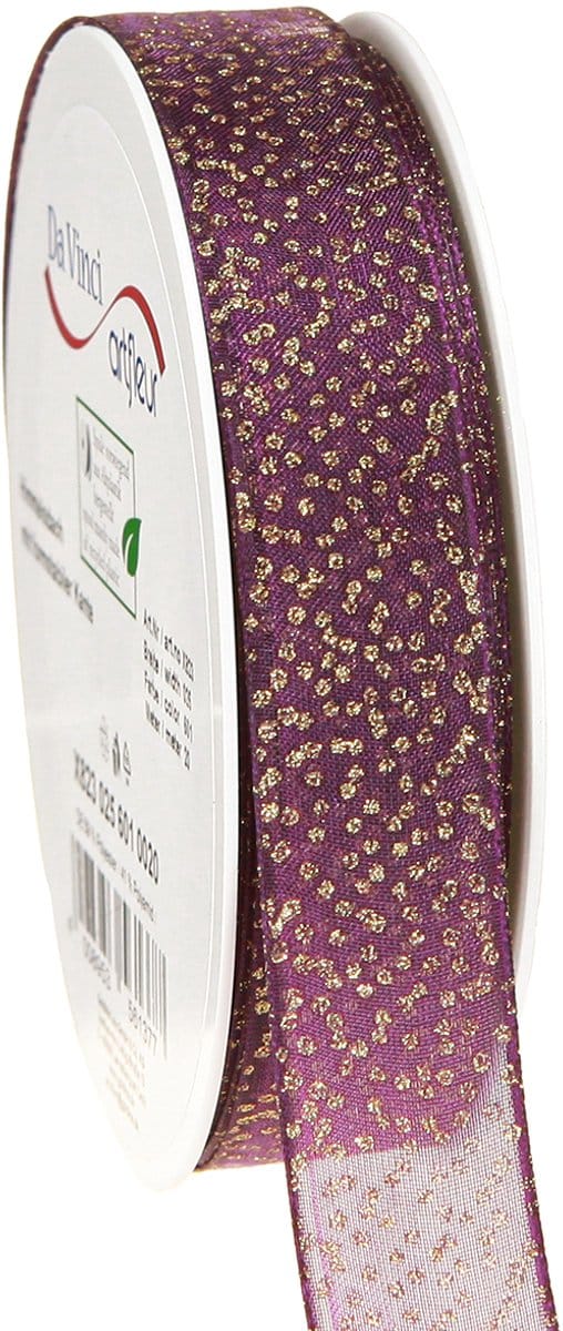 Decoratief lint paars met gouden stippen, maatvast, 25 mm, 20 m