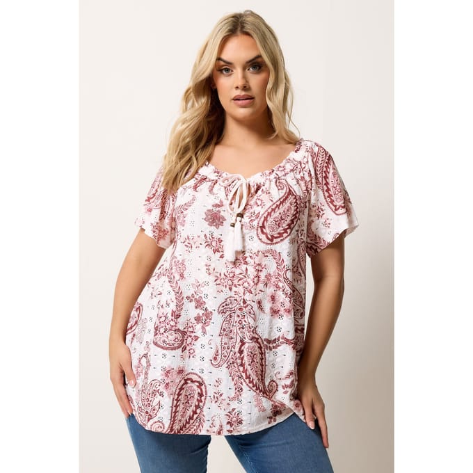 Yours Roze Top Met Paisleyprint En Broderie Anglaise Size 44