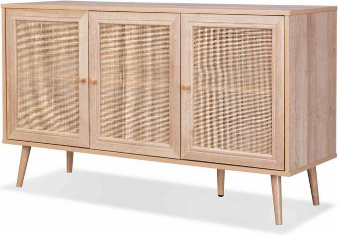 sweeek - Dressoir met 3 deuren houtdecor en rotan 120cm - bohème