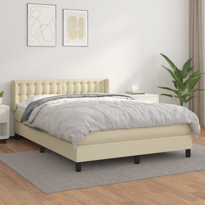 vidaXL - Boxspring - met - matras - kunstleer - crèmekleurig - 140x190 - cm