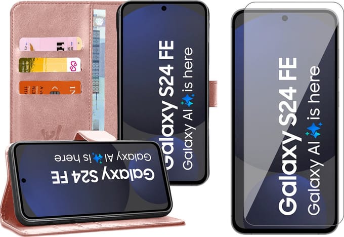 Hoesje geschikt voor Samsung Galaxy S24 FE - Screenprotector Glas - Portemonnee Book Case Rosegoud