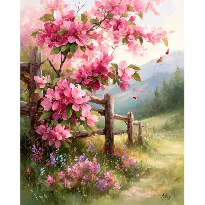 Diamond Painting Set, 40 x 50 cm - Schutting met bloemen