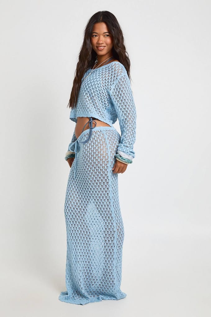 boohoo Dames Gehaakte Gebreide Strand Maxi Rok | Blauw | Maat: Medium