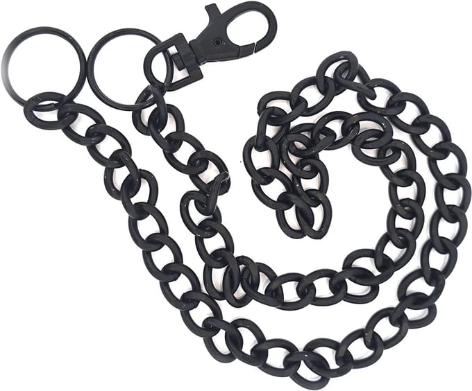 Broekketting van zwart metaal met karbijnhaak clip en ring 80 cm