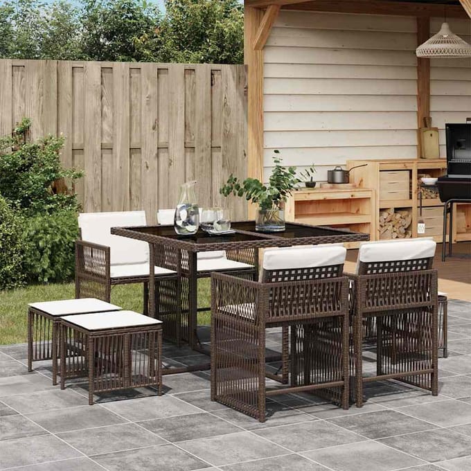 vidaXL - 9-delige - Tuinset - met - kussens - poly - rattan - bruin