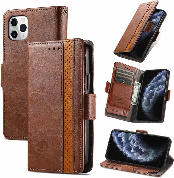 Stijlvol Tweekleurig PU-leer Wallet Flip Case + PET Screenprotector voor iPhone 11 Pro _ Donkerbruin