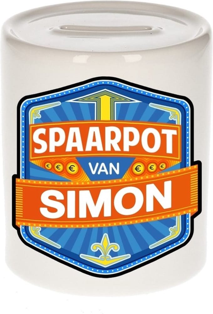 Bellatio Decorations Kinder spaarpot met naam - Simon - keramiek - met dop - wit - Sparen - Spaargeld van Simon