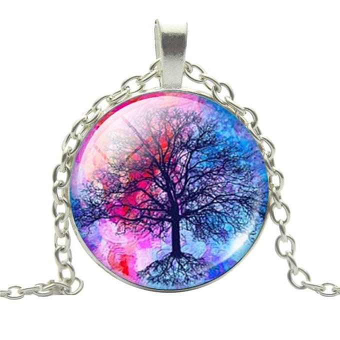 Fako Bijoux® - Ketting - Cabochon - Boom - Blauw/Rood
