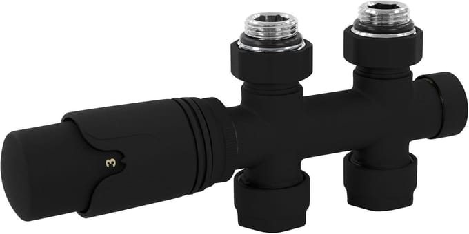 LuxeBath multiblock kranenset radiatorkraan voor badkamerradiator met thermostaatkop zwart rechte doorvoerbuizen vanaf de vloer middenaansluiting inclusief compleet aansluitset kraanblok ventielfittingen en accessoireset voor radiatoraansluiting