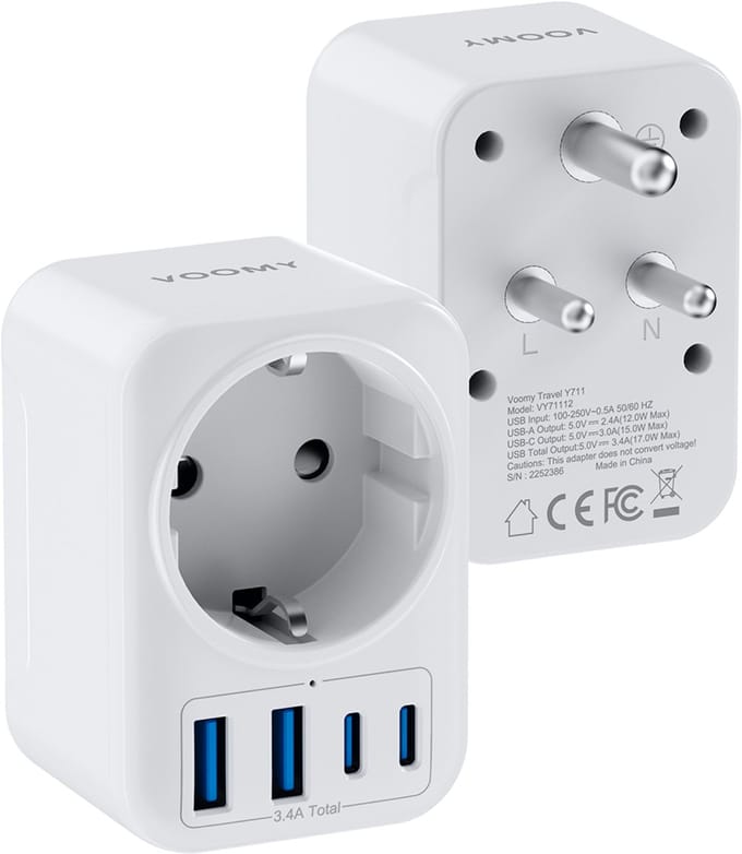 Voomy Reisstekker Type D - 2x Usb-C & 2x Usb-A - Wereldstekker geschikt voor India, Sri Lanka, Pakistan, Nepal - Wit