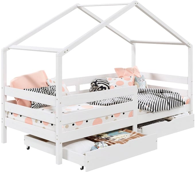 Huisbed ENA 90 x 200 cm met valbeveiliging en twee lades - Wit